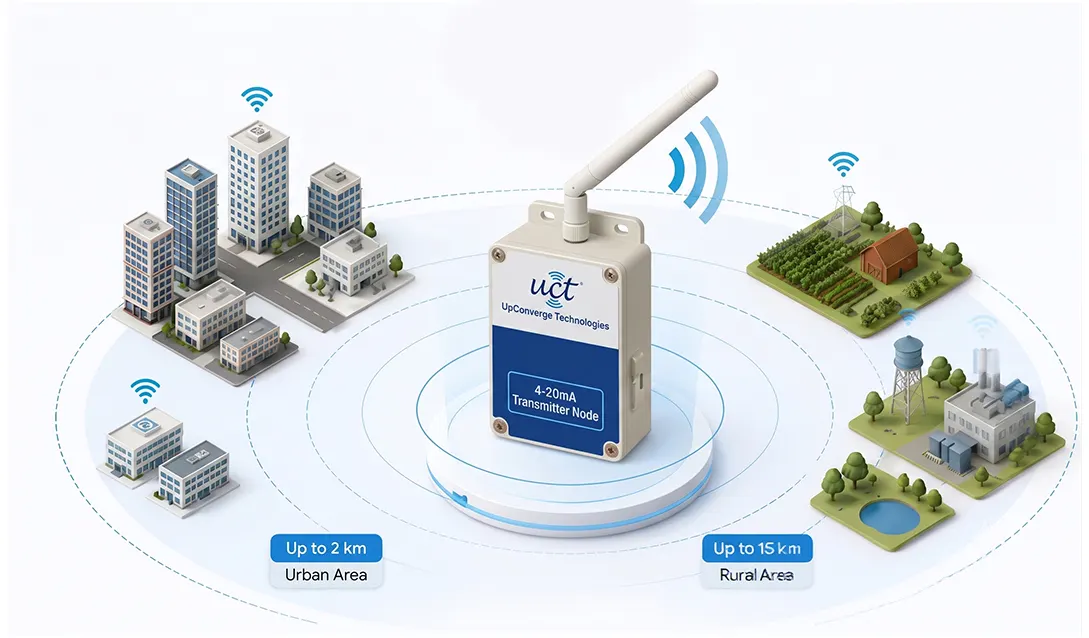 LoRaWAN coverage up to 2 km in urban areas and 15 km in rural areas