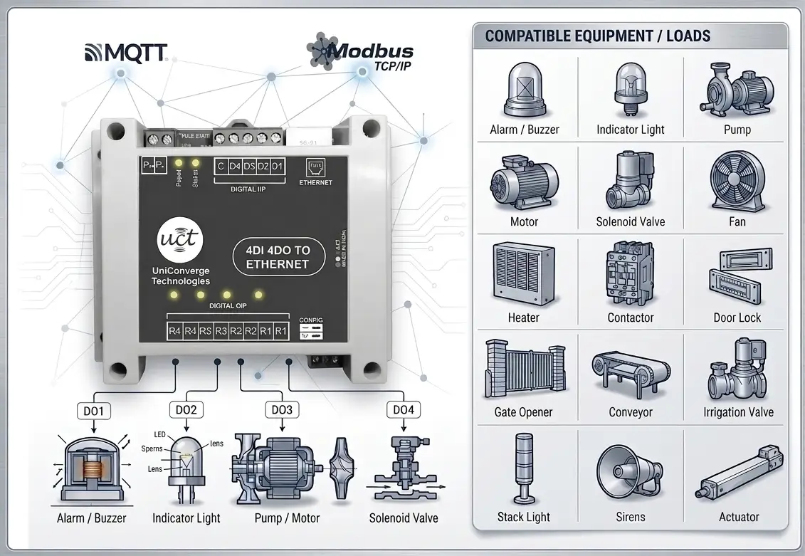 4DI 4DO Ethernet node digital output wiring with compatible output loads
