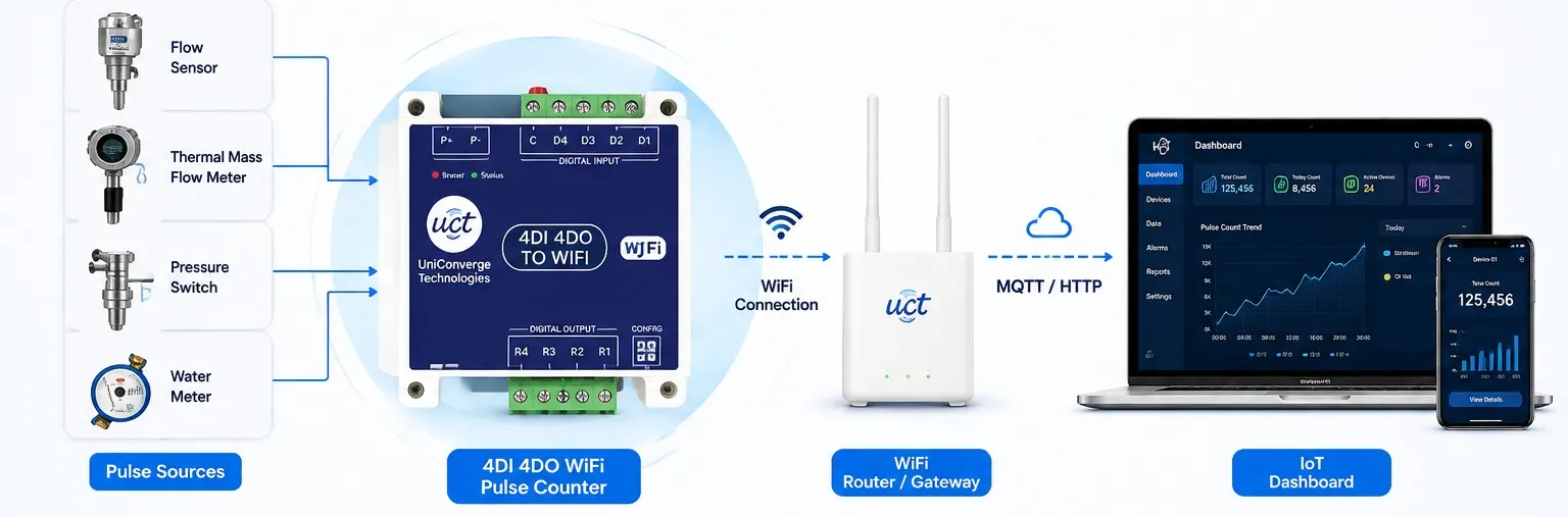 Pulse sources connect to the 4DI 4DO WiFi pulse counter, transmit over the router/gateway via MQTT/HTTP, and display on the IoT dashboard