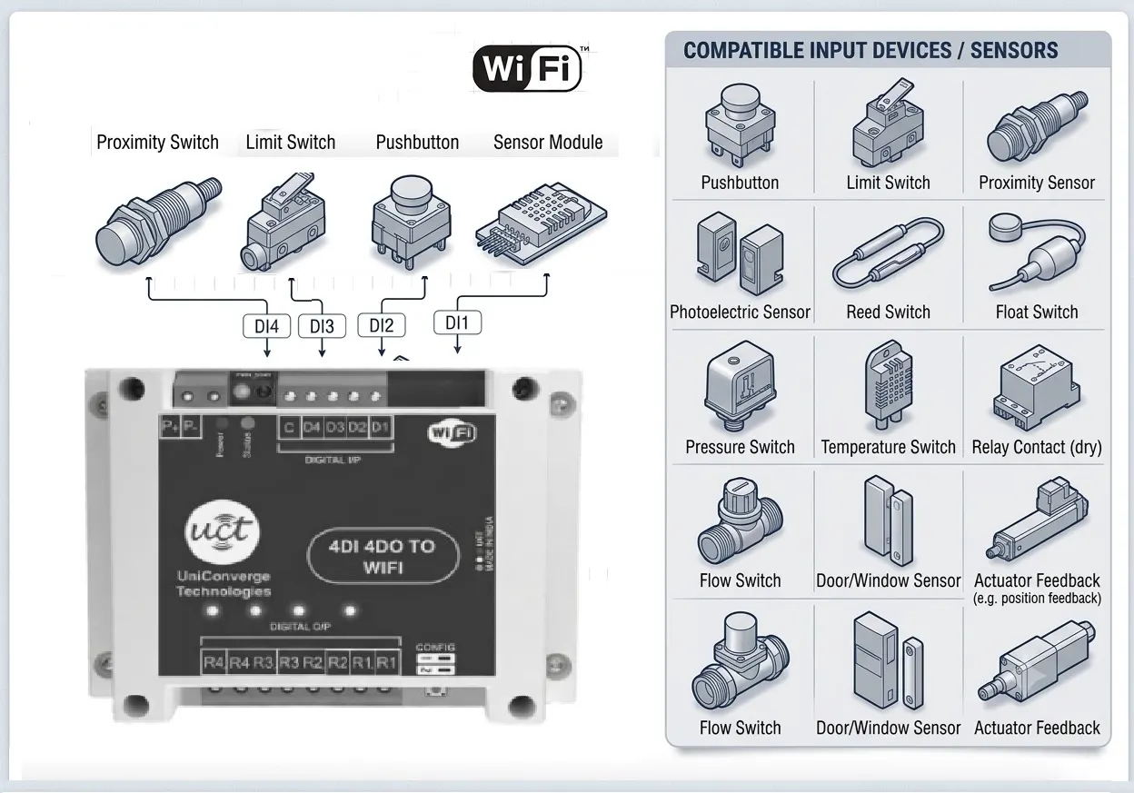 4DI 4DO WiFi node digital input wiring with compatible input devices and sensors