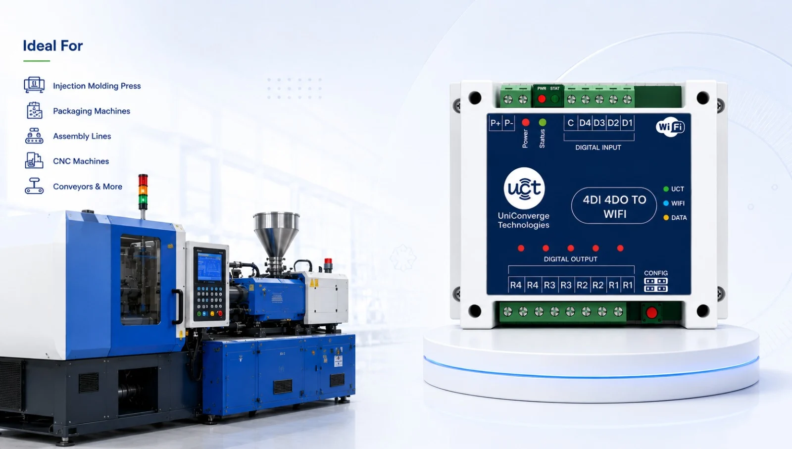 4DI 4DO WiFi node monitoring an injection molding machine for smart I/O operations