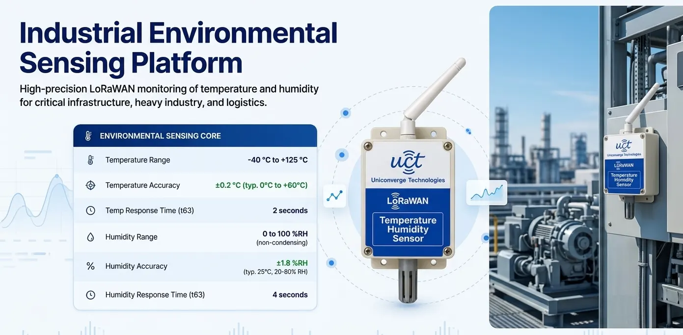 Industrial Environmental Sensing Platform for high-precision LoRaWAN temperature and humidity monitoring. Sensing core: temperature range -40°C to +125°C, accuracy ±0.2°C from 0°C to +60°C, response time 2 seconds, humidity range 0 to 100% RH, accuracy ±1.8% RH, response time 4 seconds.